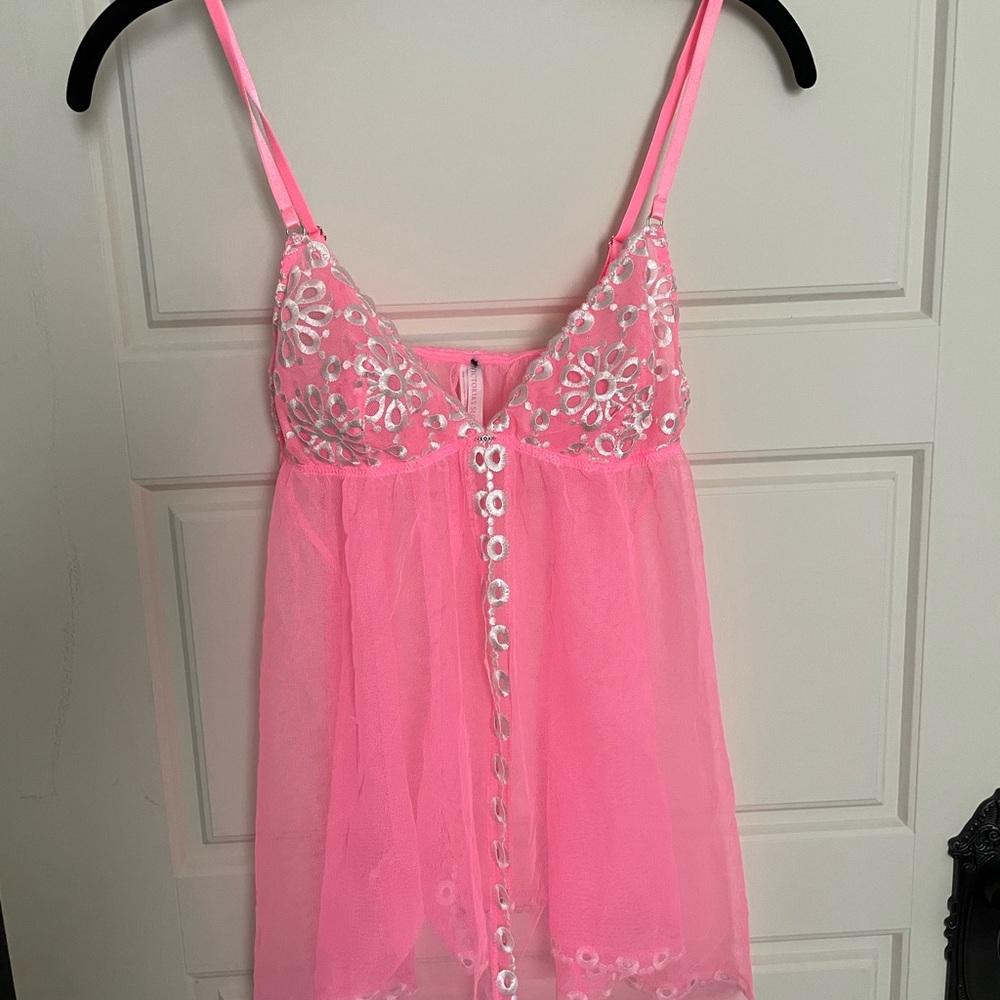 Victoria's Secret Neon Pink Mesh Babydoll with Silver Floral Embroidery